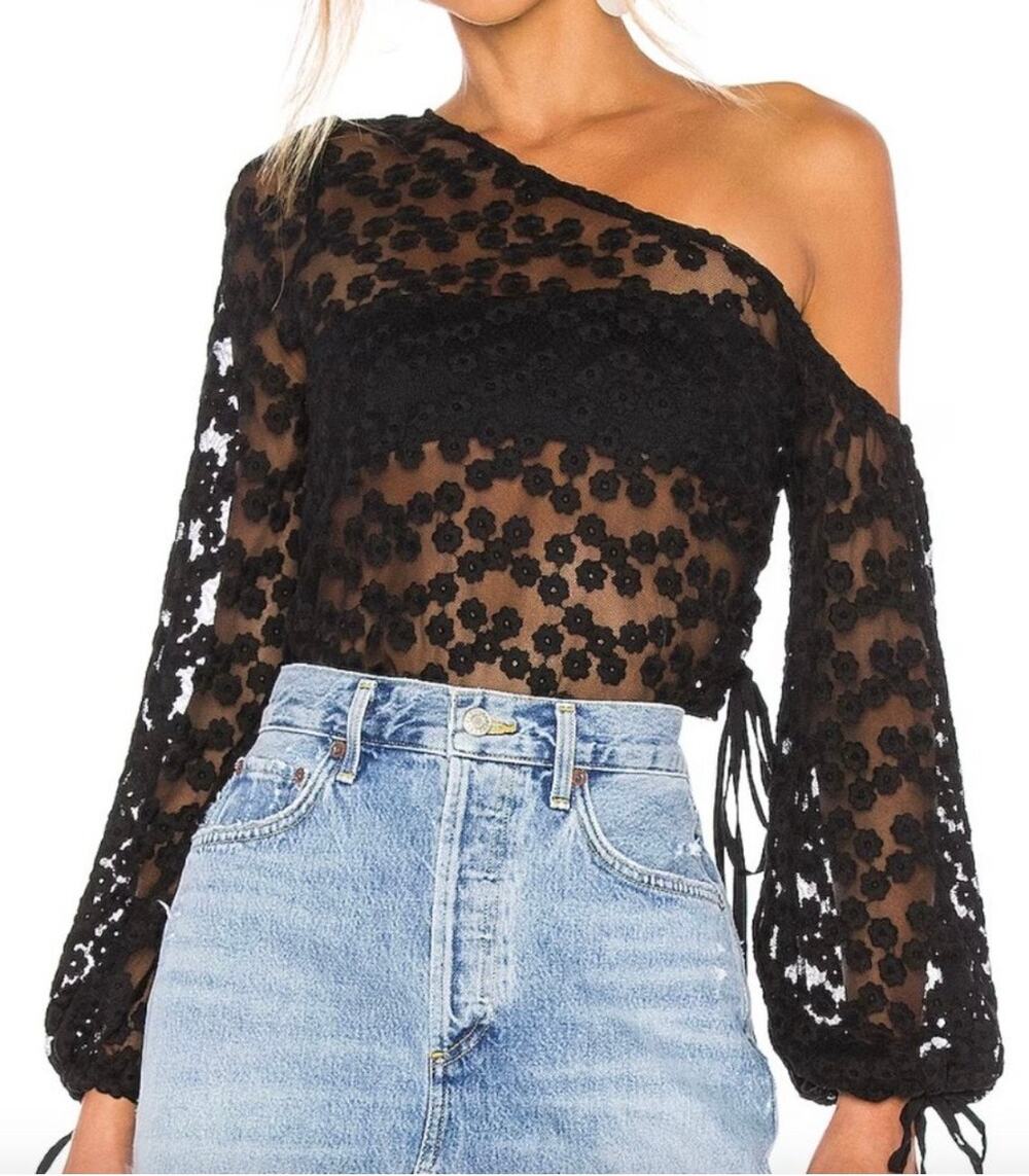 Majorelle Sheer Black Floral Lace One Shoulder Adjustable Tie Ribbon Blouse